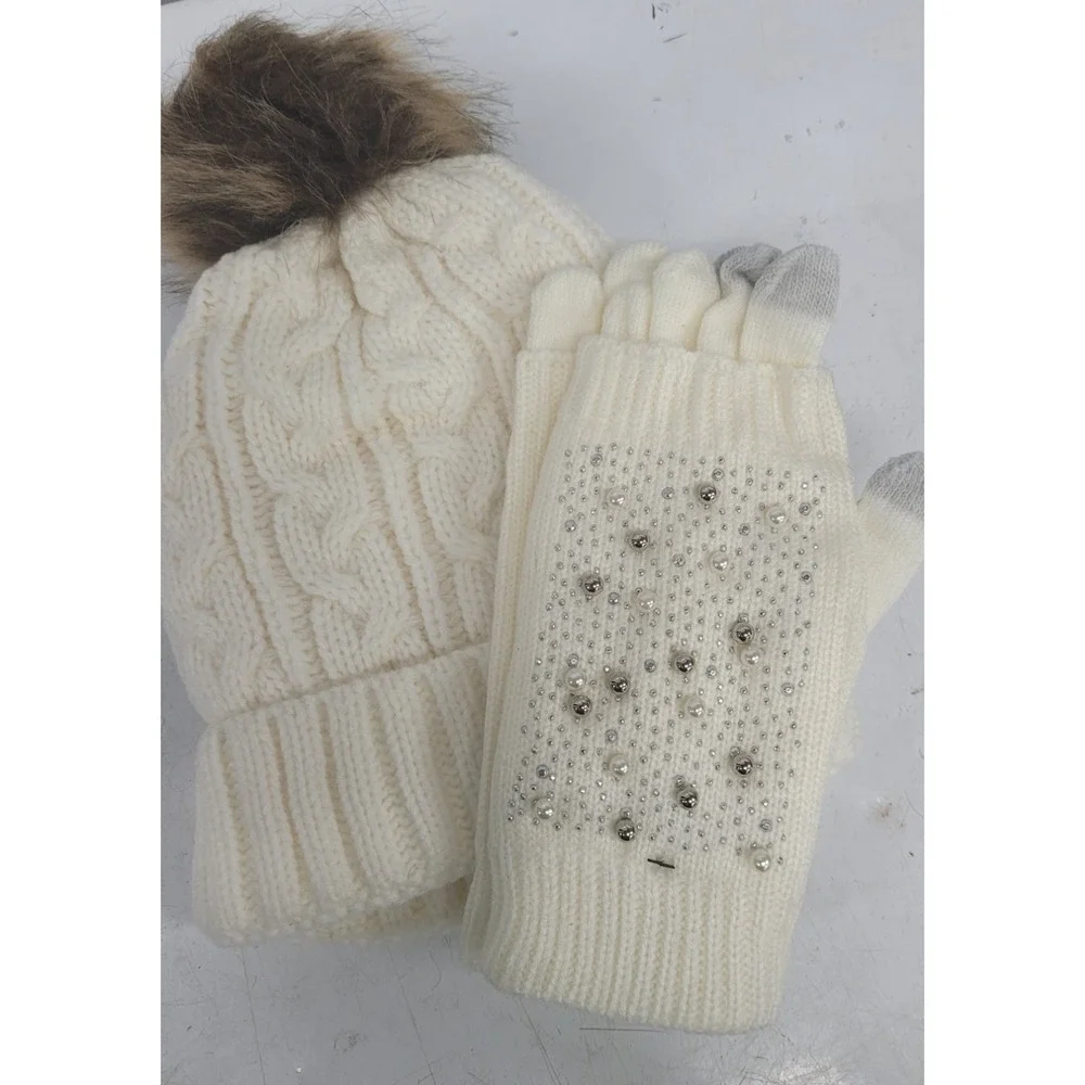 Holiday Time White Pom-Pom Beanie,‎ Fingerless Embellished Glove Set Winter Hat